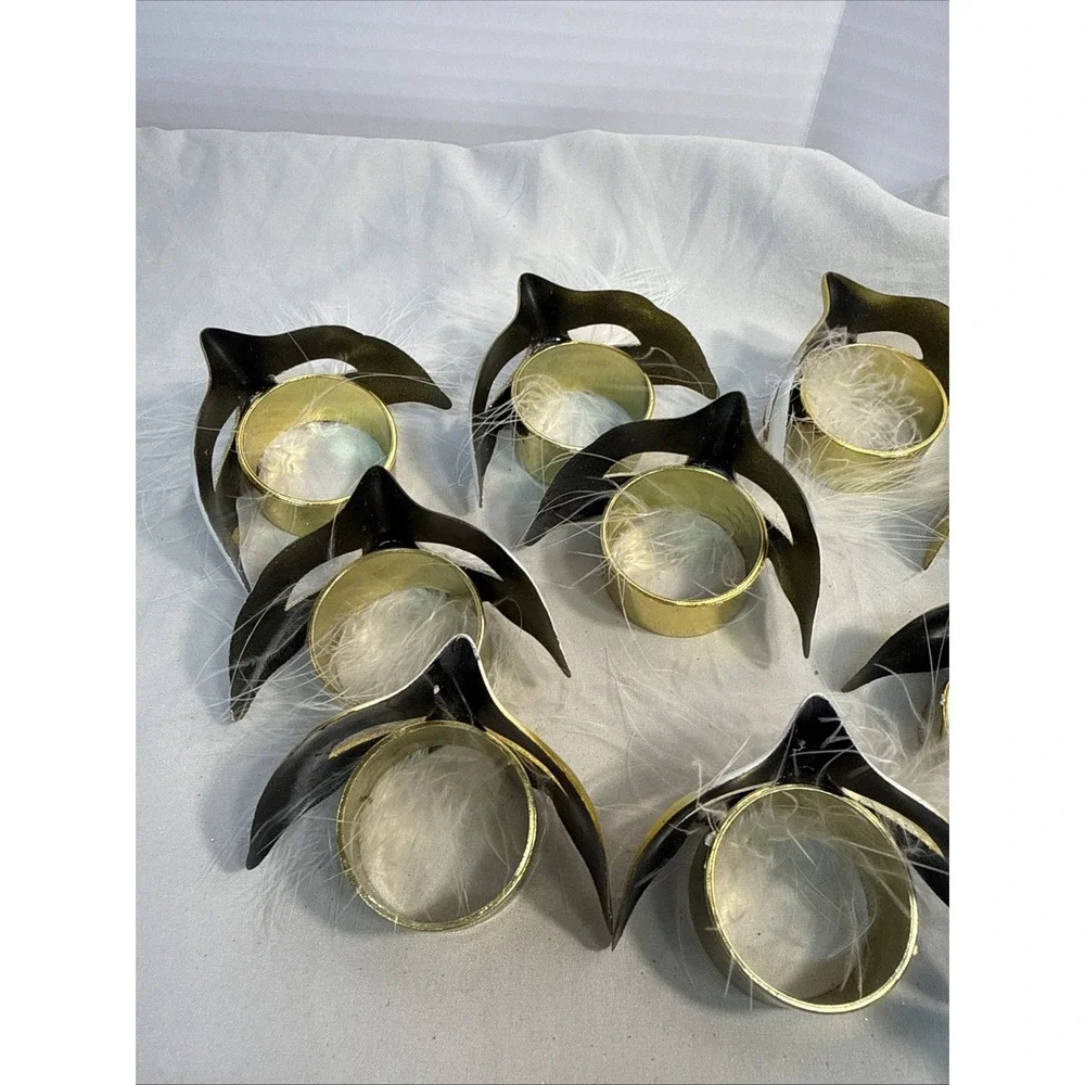 12 Masquerade Mask Napkin Rings Gold White Feather Mardi Gras Party Decor
